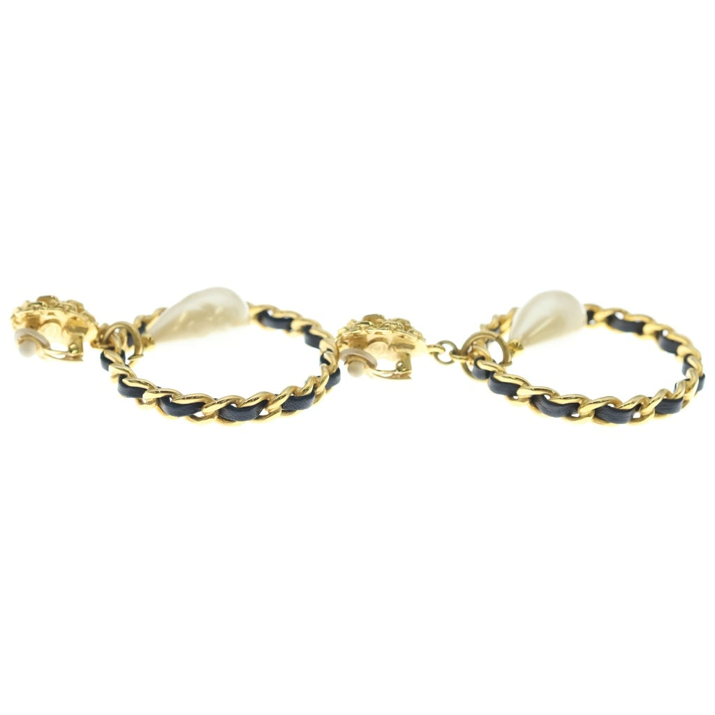 CHANEL(シャネル) ココマーク サークル フープ スウィングパール イヤリング ゴールド×ブラック GP×レザー 95A レディース