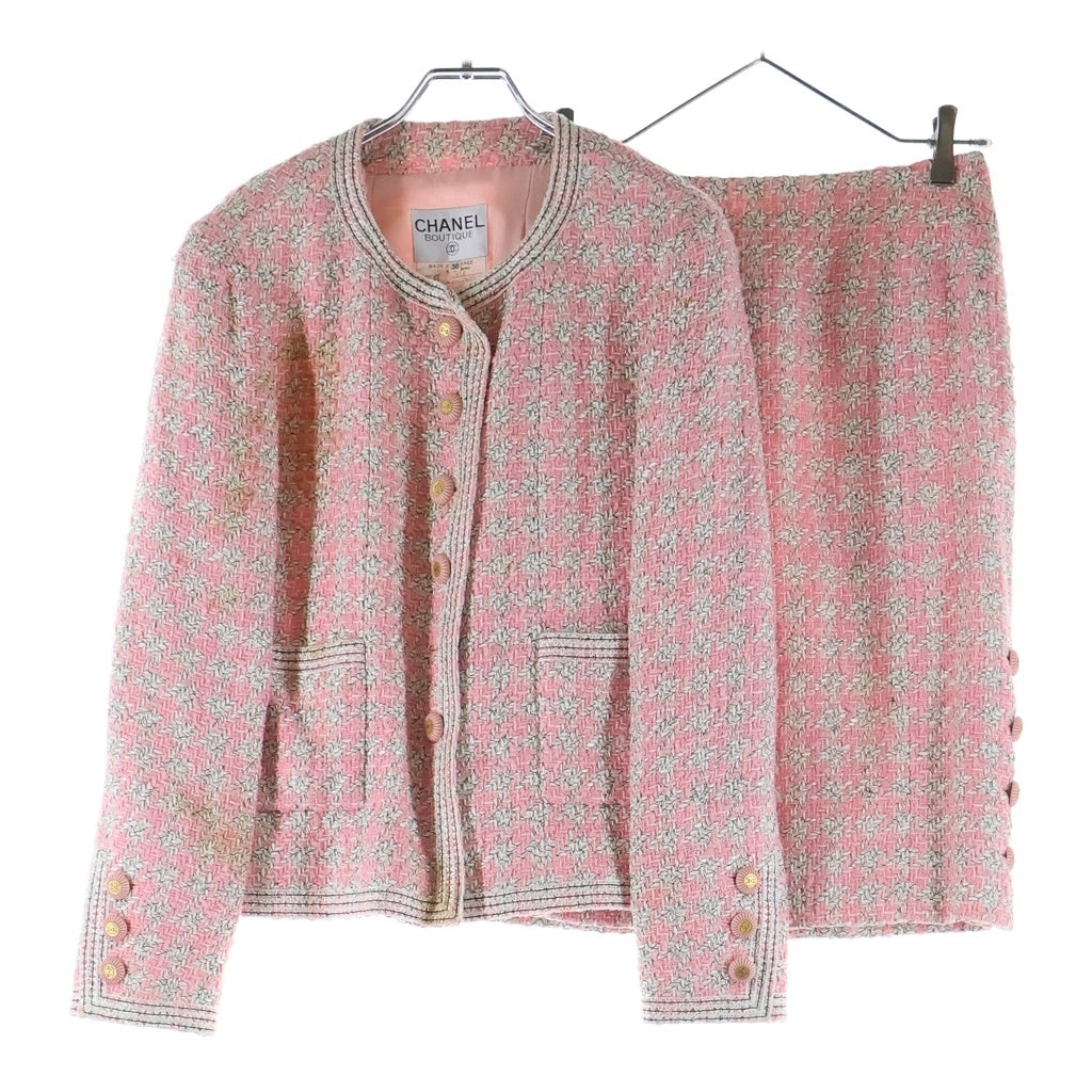CHANEL(シャネル) 93SS VINTAGE Tweed Set ココマーク ツイードセットアップ ジャケット スカート 手書きタグ ピンク レディース