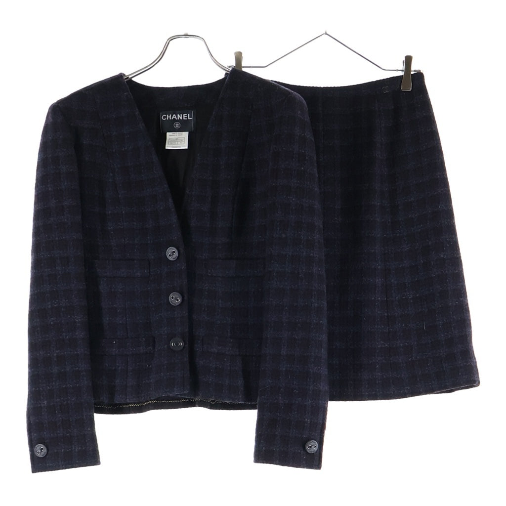 CHANEL(シャネル) 02AW VINTAGE Check Wool Tweed Set ブロックチェック セットアップ ノーカラージャケット スカート ウール ネイビー/ブラウン P19963V11786 レディース
