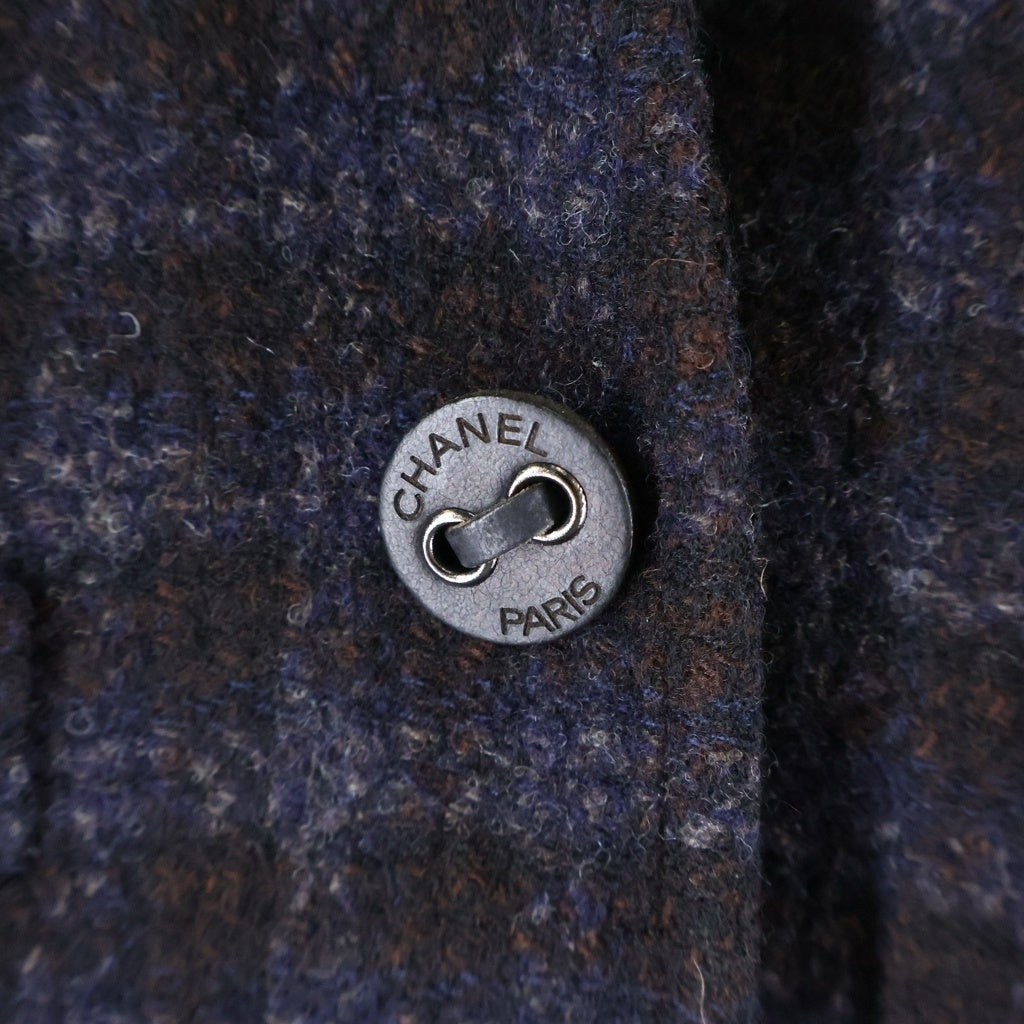 CHANEL(シャネル) 02AW VINTAGE Check Wool Tweed Set ブロックチェック セットアップ ノーカラージャケット スカート ウール ネイビー/ブラウン P19963V11786 レディース