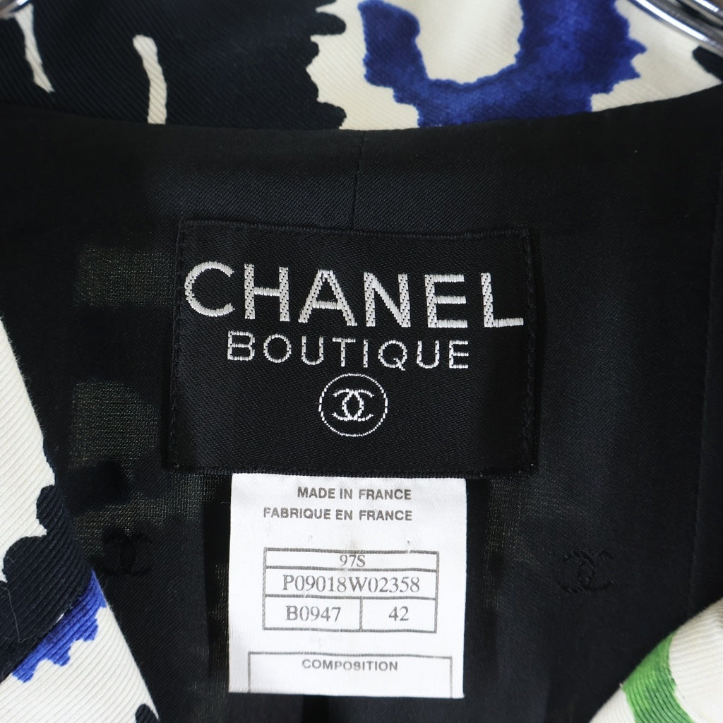CHANEL(シャネル) 97SS VINTAGE BLAZER SKIRT SET セットアップ ジャケット スカート 総柄 コットン リネン ブラック/マルチカラー P09018W02358 レディース