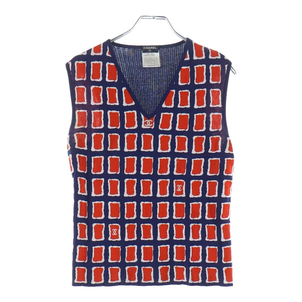 CHANEL(シャネル) 01SS VINTAGE V-Neck Knit Tops ココマーク Vネック ニットタンクトップ ベスト 総柄 ネイビー/レッド P17302V00906 レディース