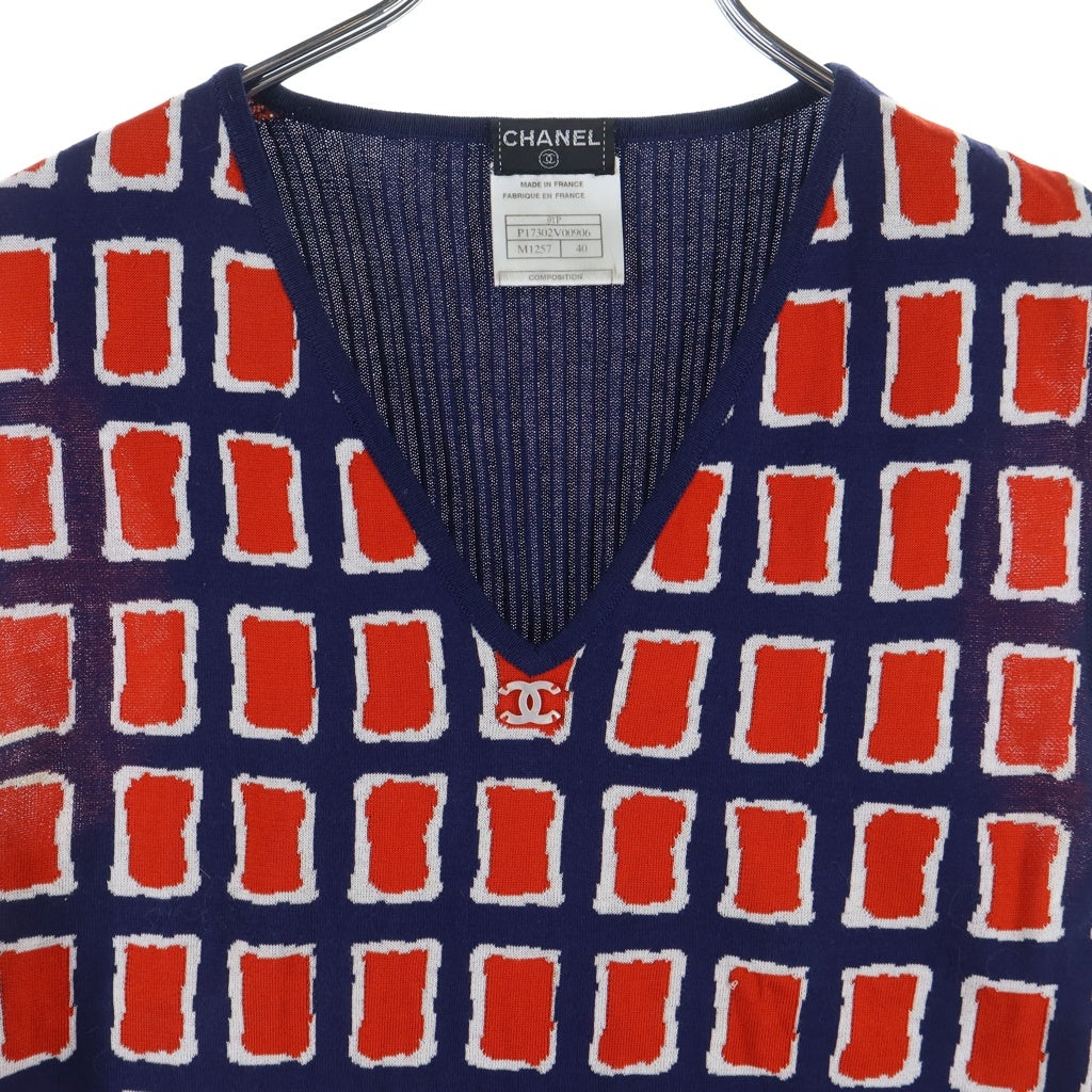 CHANEL(シャネル) 01SS VINTAGE V-Neck Knit Tops ココマーク Vネック ニットタンクトップ ベスト 総柄 ネイビー/レッド P17302V00906 レディース