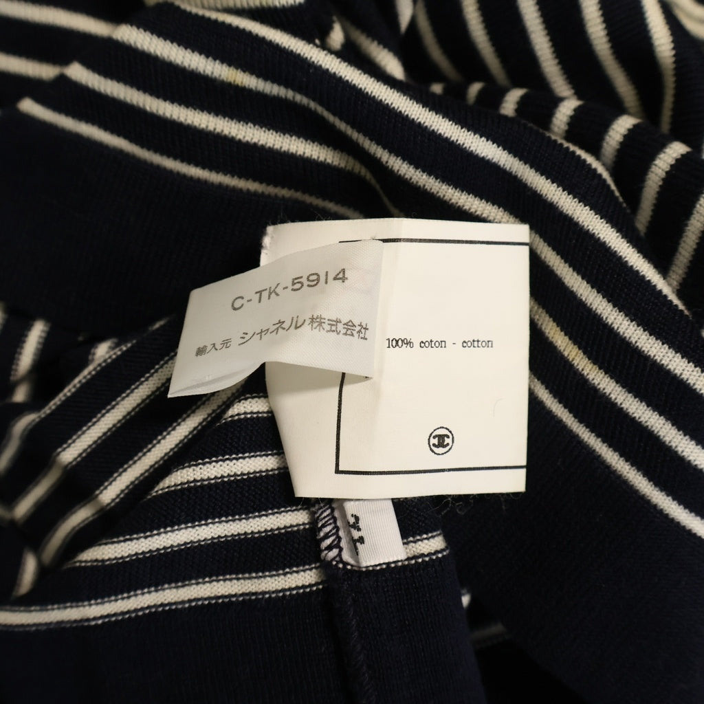 CHANEL(シャネル) ココマーク ロゴ刺繍 ボーダー総柄 半袖ニット カットソー ネイビー レディース