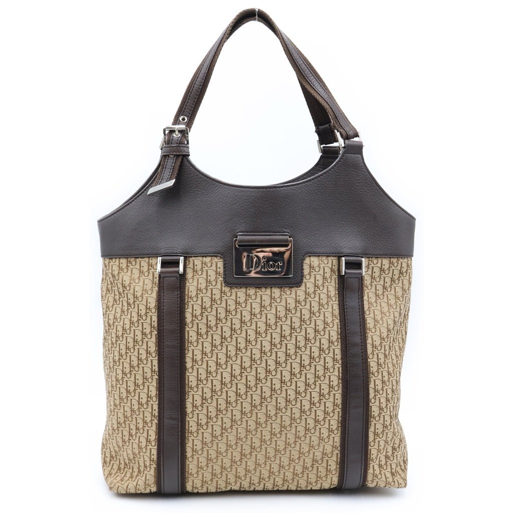 Christian Dior(クリスチャンディオール) トロッター ストリートシック ハンドバッグ トートバッグ ブラウン×ベージュ レザー×キャンバス シルバー金具 レディース