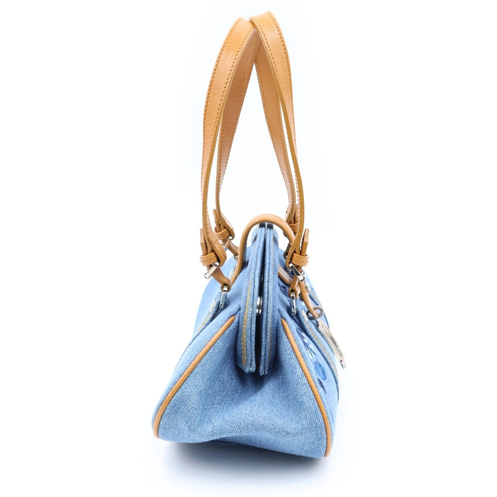 Christian Dior(クリスチャンディオール) 2005 Floral Embroidery Denim Handbag ガリアーノ期 デニムハンドバッグ フローラル刺繍 Dチャーム ブルー 01-RU-0055 レディース