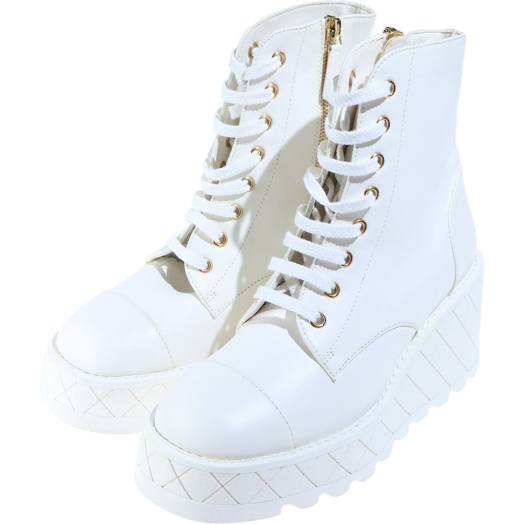 CHANEL(シャネル) COMBAT BOOTS コンバットブーツ シューズ 厚底 ホワイト ゴールド金具 ラムスキン G45388X01000 レディース