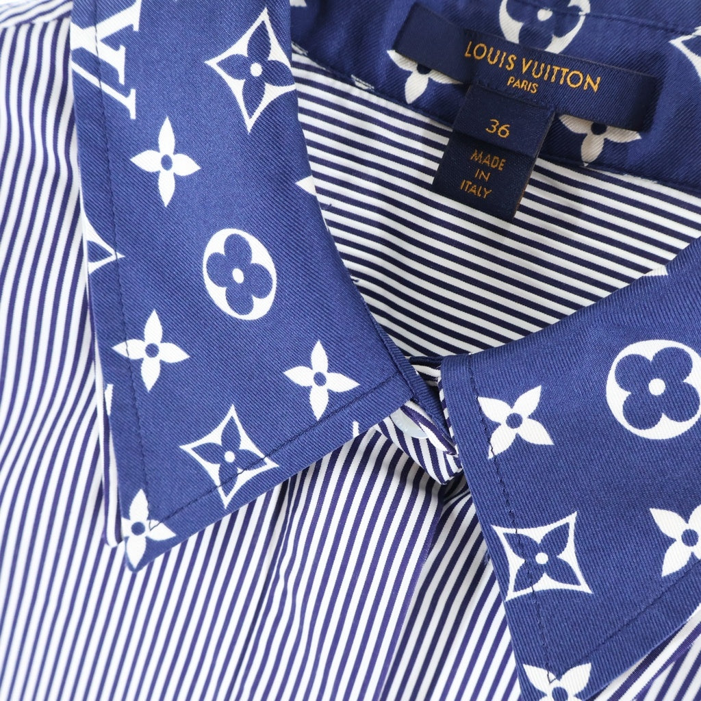 LOUIS VUITTON(ルイヴィトン) モノグラム ストライプ シルク長袖比翼シャツワンピース コットン ブルー/ホワイト FJDR08VRM A402 レディース