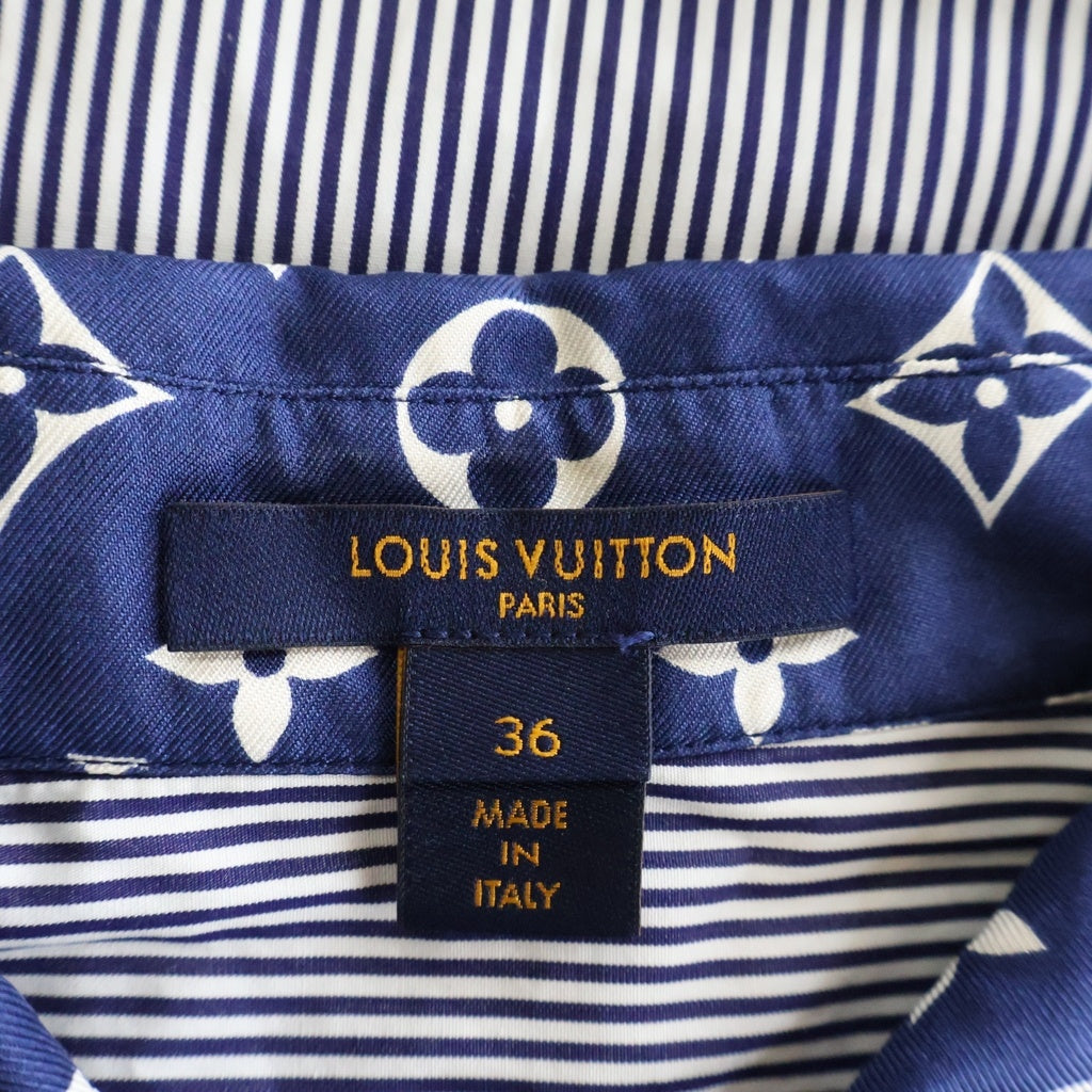 LOUIS VUITTON(ルイヴィトン) モノグラム ストライプ シルク長袖比翼シャツワンピース コットン ブルー/ホワイト FJDR08VRM A402 レディース