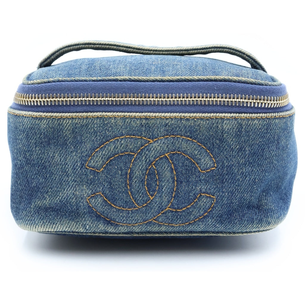 CHANEL(シャネル) ヴィンテージ デニム バニティバッグ ハンドバッグ ポーチ 収納 インディゴブルー ブルー A01618 ゴールド金具 レディース