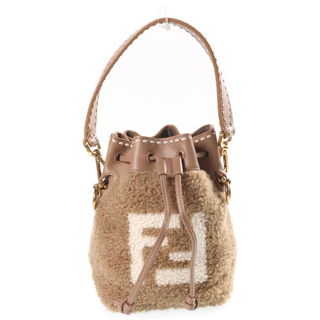 FENDI(フェンディ) ミニ モン トレゾール ショルダーバッグ 巾着バッグ ブラウン ベージュ レザー×ボア 8BS010 ゴールド金具 レディース