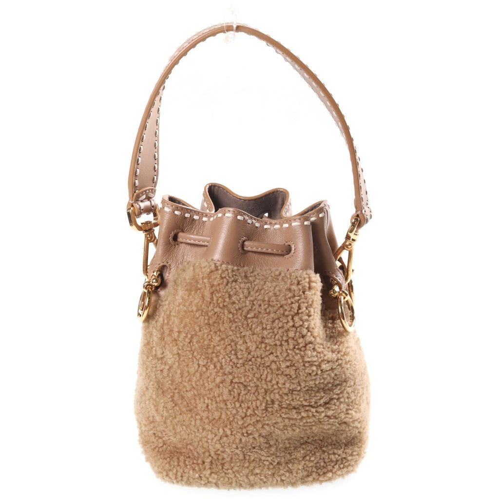 FENDI(フェンディ) ミニ モン トレゾール ショルダーバッグ 巾着バッグ ブラウン ベージュ レザー×ボア 8BS010 ゴールド金具 レディース