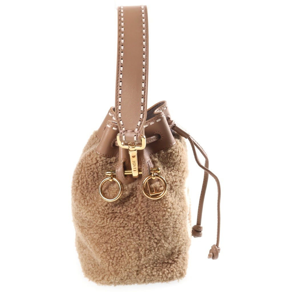 FENDI(フェンディ) ミニ モン トレゾール ショルダーバッグ 巾着バッグ ブラウン ベージュ レザー×ボア 8BS010 ゴールド金具 レディース