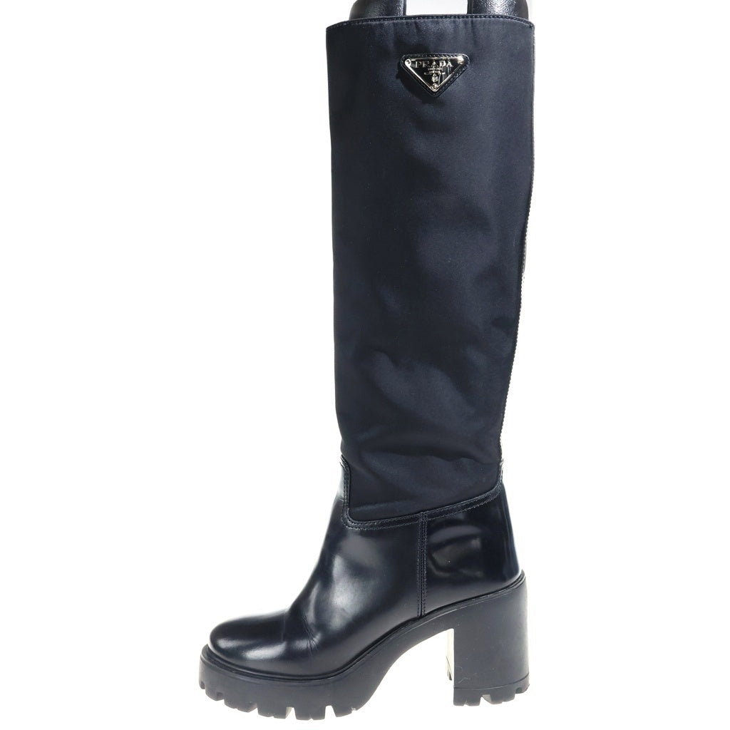 PRADA(プラダ) Re-Nylon Knee-High Boots リナイロン レザー切り替え ロングブーツ トライアングルロゴ ジップ ブラック レディース