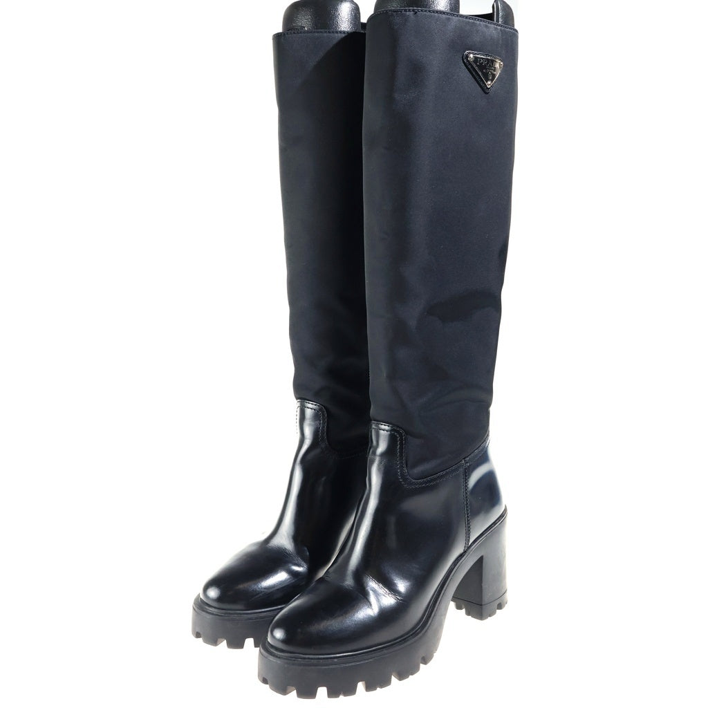 PRADA(プラダ) Re-Nylon Knee-High Boots リナイロン レザー切り替え ロングブーツ トライアングルロゴ ジップ ブラック レディース