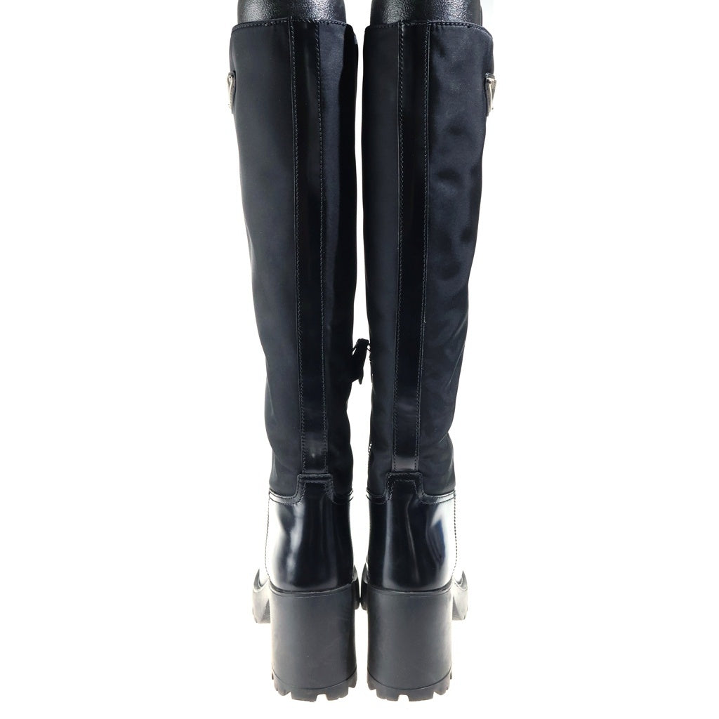 PRADA(プラダ) Re-Nylon Knee-High Boots リナイロン レザー切り替え ロングブーツ トライアングルロゴ ジップ ブラック レディース