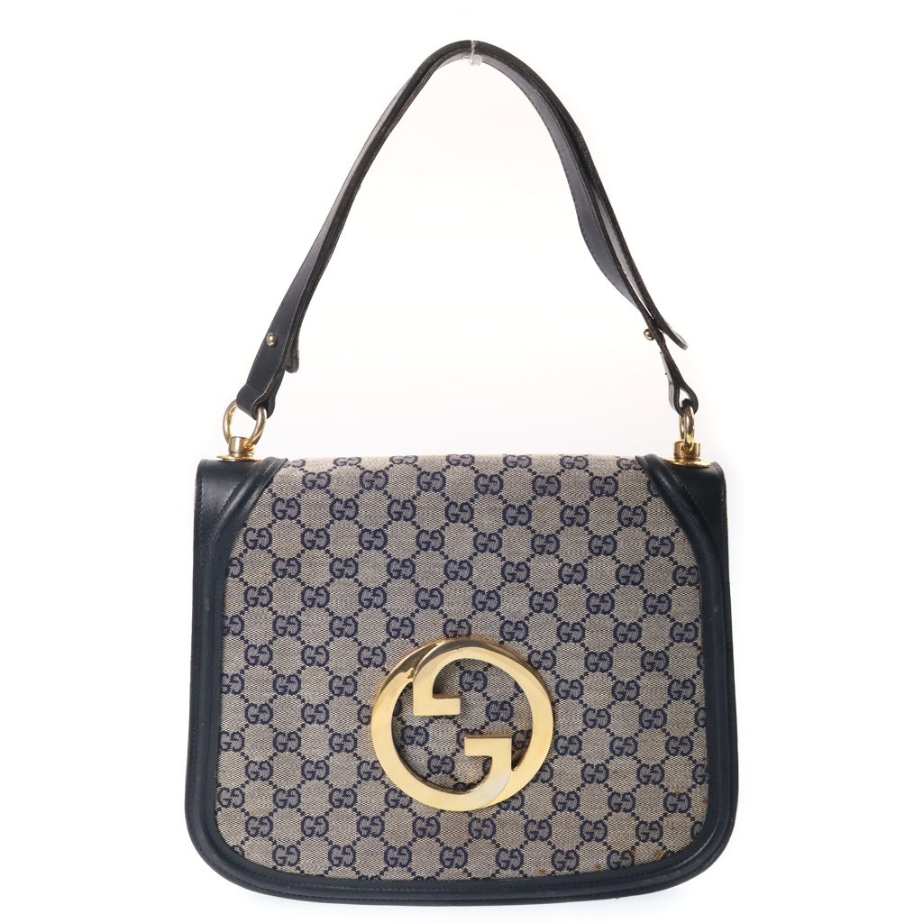 GUCCI(グッチ) GGキャンバス インターロッキング デカロゴ ショルダーバッグ ネイビー レザー×キャンバス ゴールド金具 レディース