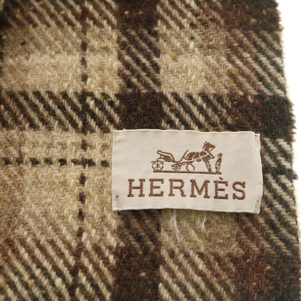 HERMES(エルメス) VINTAGE チェック柄 ウールブランケット フリンジ ブラウン系