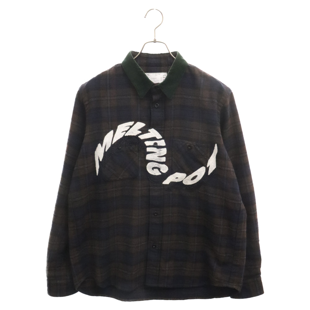 Sacai(サカイ) Melting pot 刺繍 チェック柄 長袖 ロングスリーブシャツ ブラウン 19‐02075M