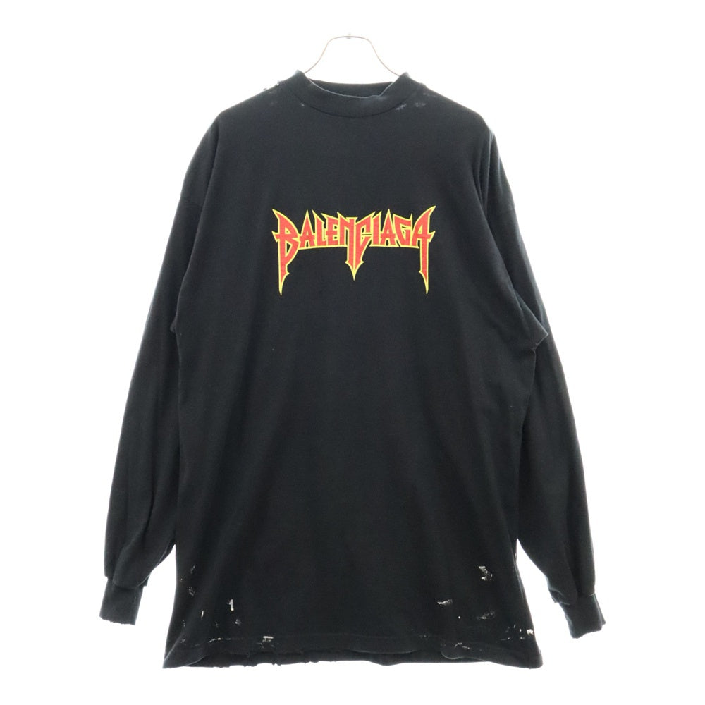 BALENCIAGA(バレンシアガ) Metal Oversized Long Sleeve Tee 693949 TMV88 メタルロゴ オーバーサイズ長袖Tシャツ ロングスリーブ ダメージ加工カットソー ブラック