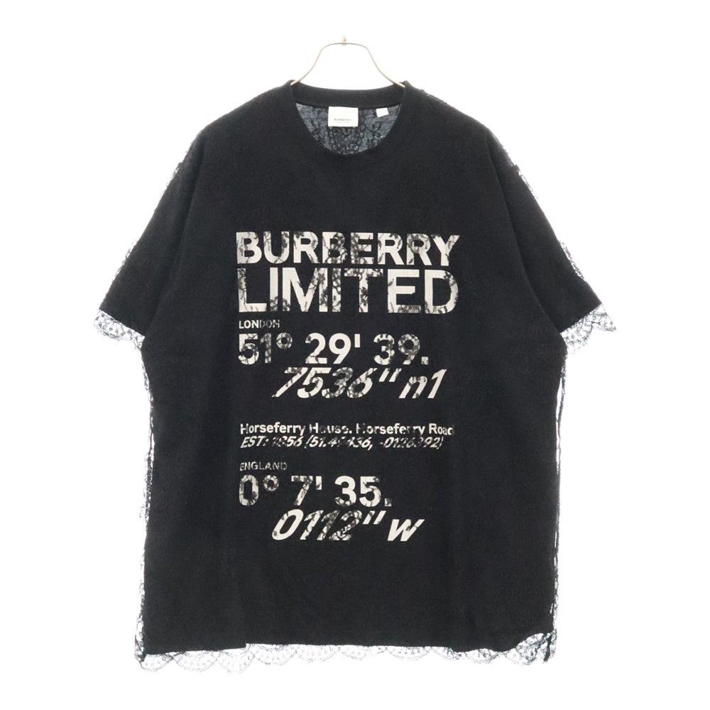 BURBERRY(バーバリー) レースレイヤード クルーネック 半袖Tシャツ カットソー ブラック 8042696