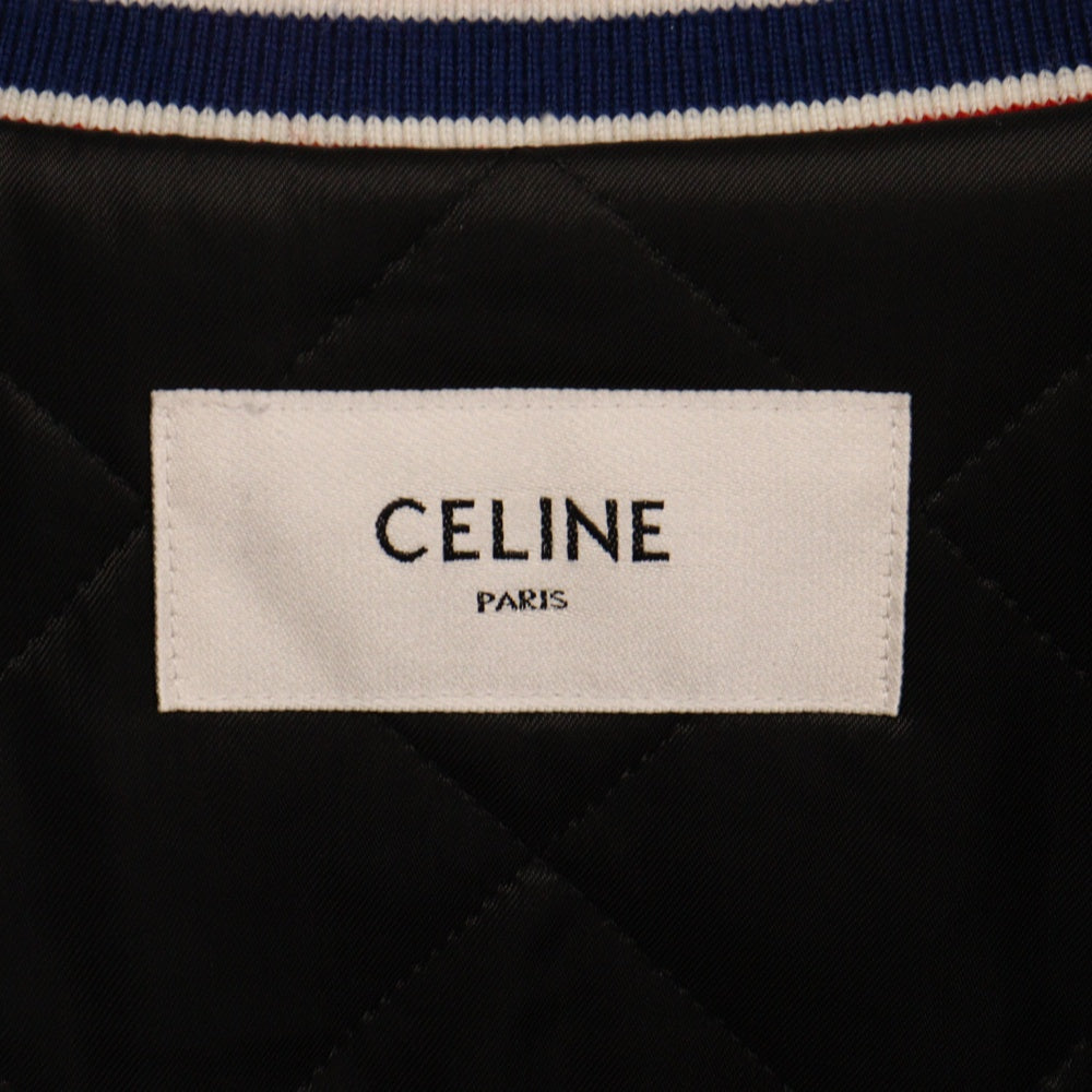 CELINE(セリーヌ) テディカラーテクスチャードバーシティジャケット レザースリーブ バックロゴスタジャン ブルー 2W804896C レディース