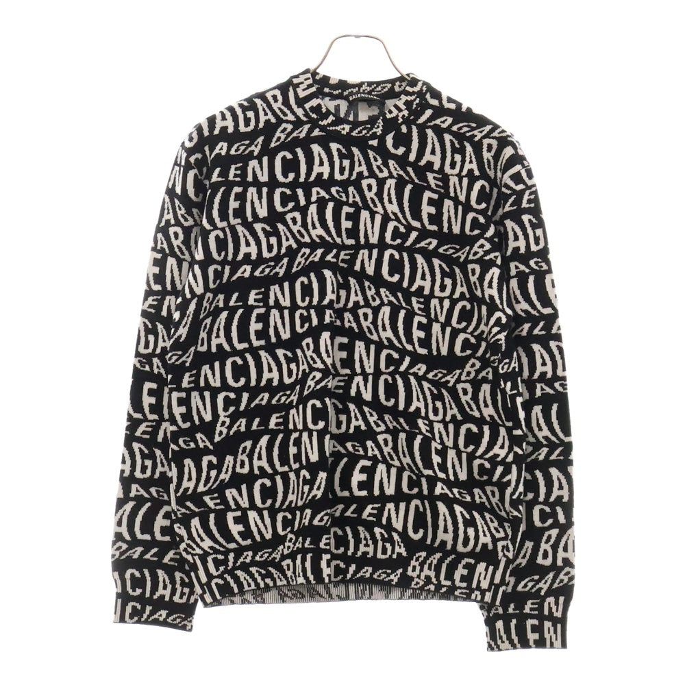 BALENCIAGA(バレンシアガ) 19AW Logo Knit Sweater 583153 T1535 6477 総柄ロゴニットスウェット セーター 長袖 ブラック/ホワイト