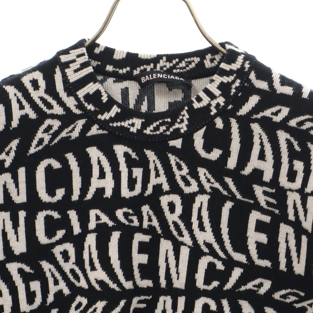 BALENCIAGA(バレンシアガ) 19AW Logo Knit Sweater 583153 T1535 6477 総柄ロゴニットスウェット セーター 長袖 ブラック/ホワイト