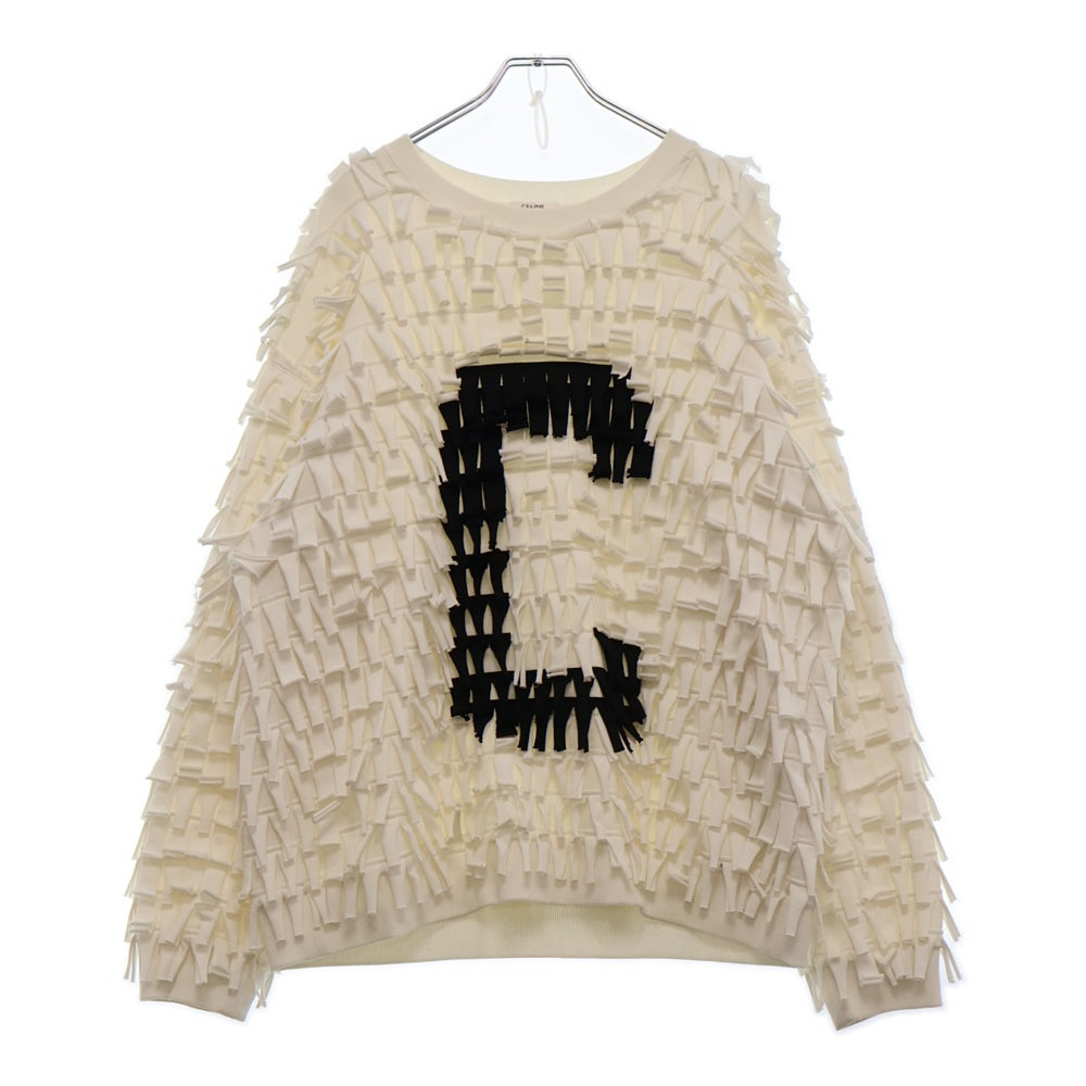 CELINE(セリーヌ) 22AW オーバーサイズ Cロゴアップリケ フリンジ コットンブレンド 長袖スウェット トレーナー 2Y912670Q ホワイト