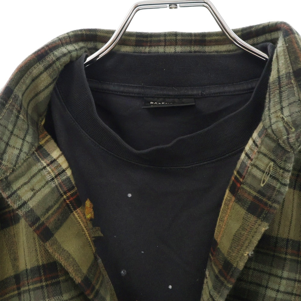 BALENCIAGA(バレンシアガ) 24AW パリ リバティ‐ レイヤード カットソードッキングヴィンテージチェック長袖シャツ 794656 TQM20 カーキ/ブラック