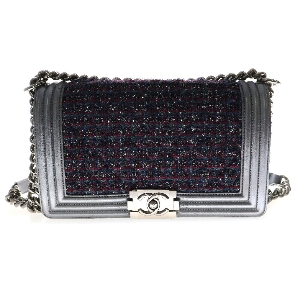 CHANEL(シャネル) ボーイシャネル ツイード レザー シルバー金具 チェーンショルダーバッグ グレー/パープル レディース