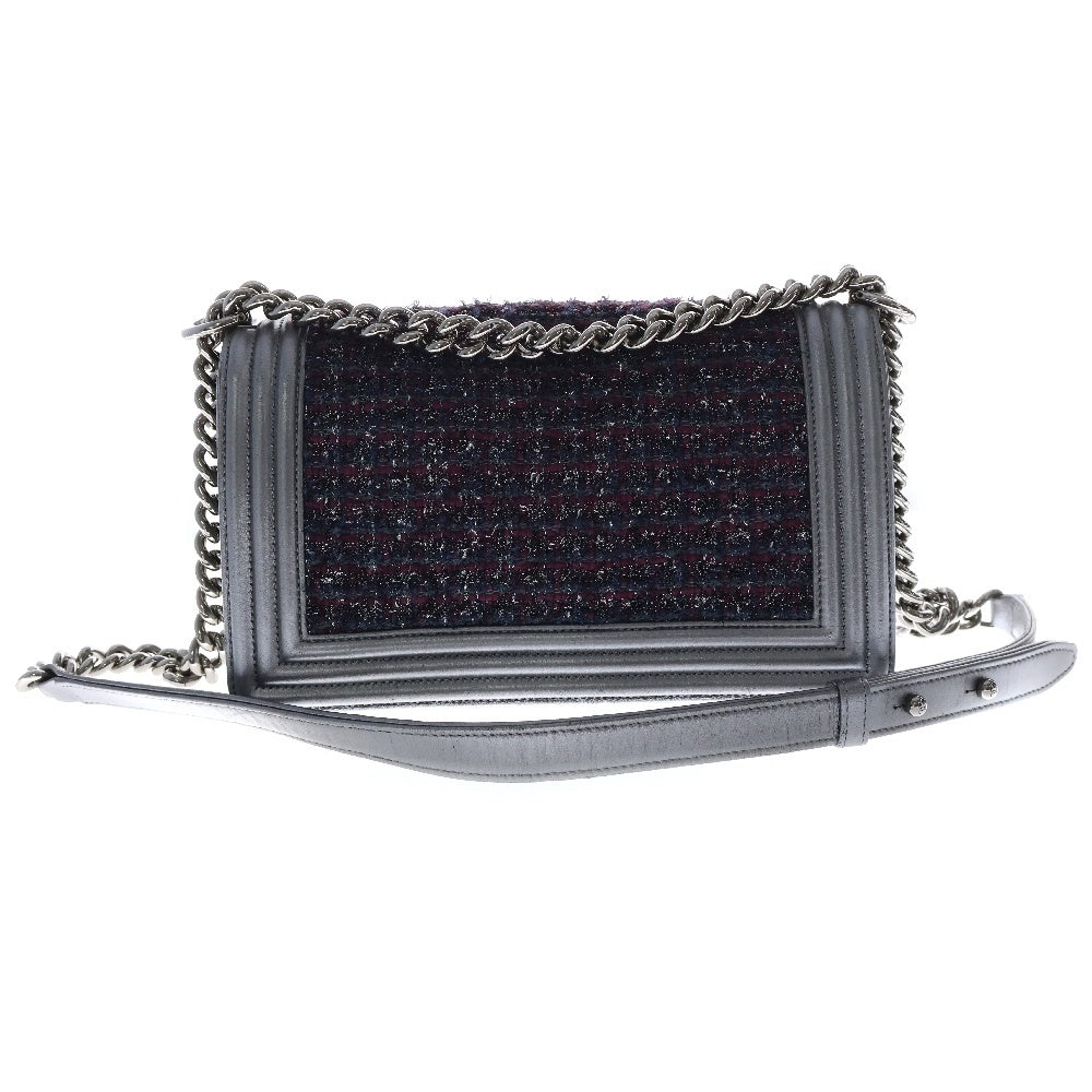 CHANEL(シャネル) ボーイシャネル ツイード レザー シルバー金具 チェーンショルダーバッグ グレー/パープル レディース