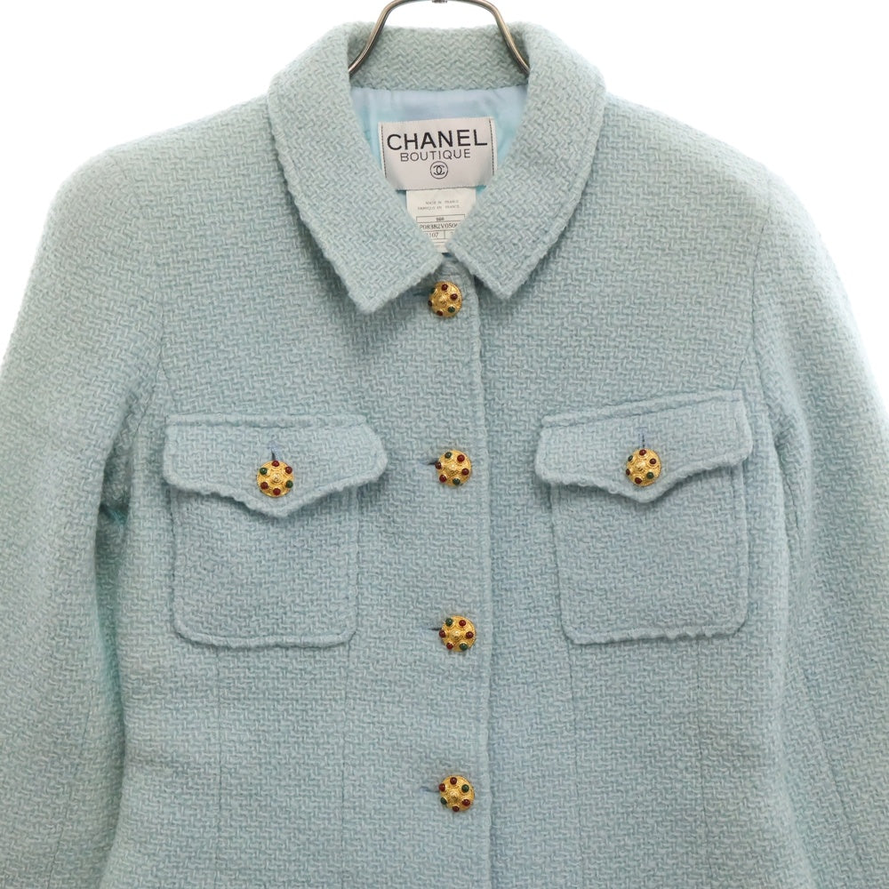 CHANEL(シャネル) ココボタン 4ポケット アルパカ混 ウールツイード 5Bジャケット 96A P08382V05067 ライトブルー レディース