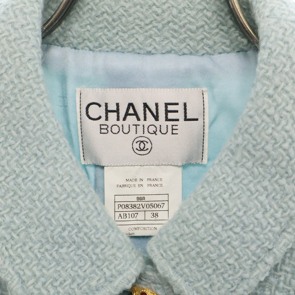CHANEL(シャネル) ココボタン 4ポケット アルパカ混 ウールツイード 5Bジャケット 96A P08382V05067 ライトブルー レディース
