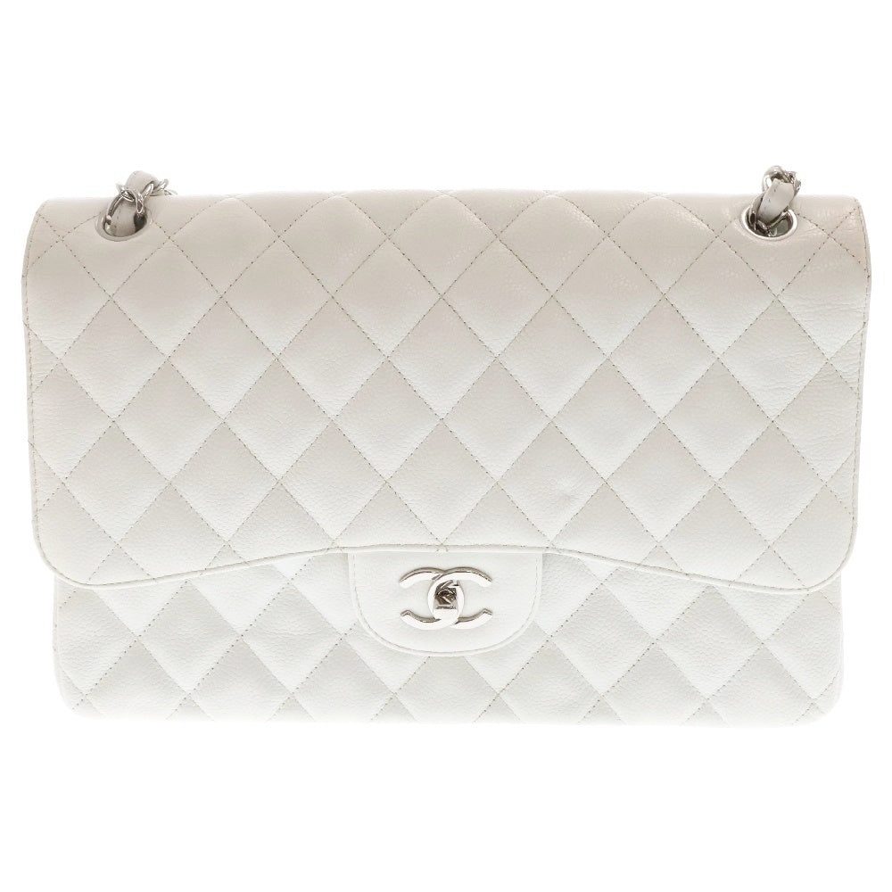 CHANEL(シャネル) ココマーク ターンロック デカマトラッセ30 Wフラップ ダブルチェーンショルダーバッグ シルバー金具 ホワイト 14番台 レディース
