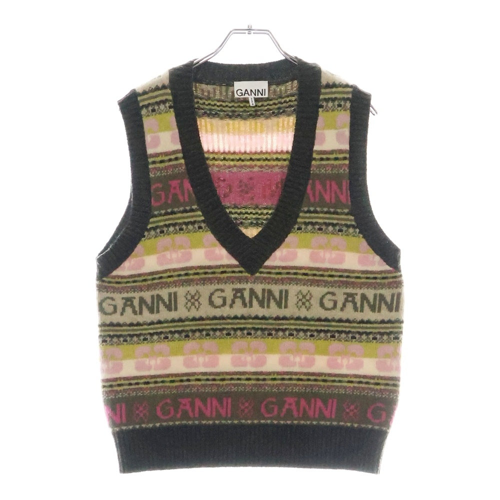 GANNI(ガニー) Logo Wool Mix Vest ロゴプリントウール混Vネックニットベスト マルチ レディース