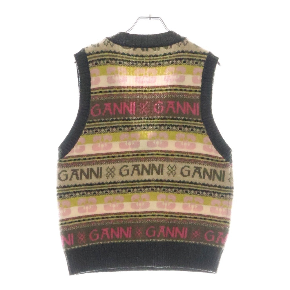 GANNI(ガニー) Logo Wool Mix Vest ロゴプリントウール混Vネックニットベスト マルチ レディース