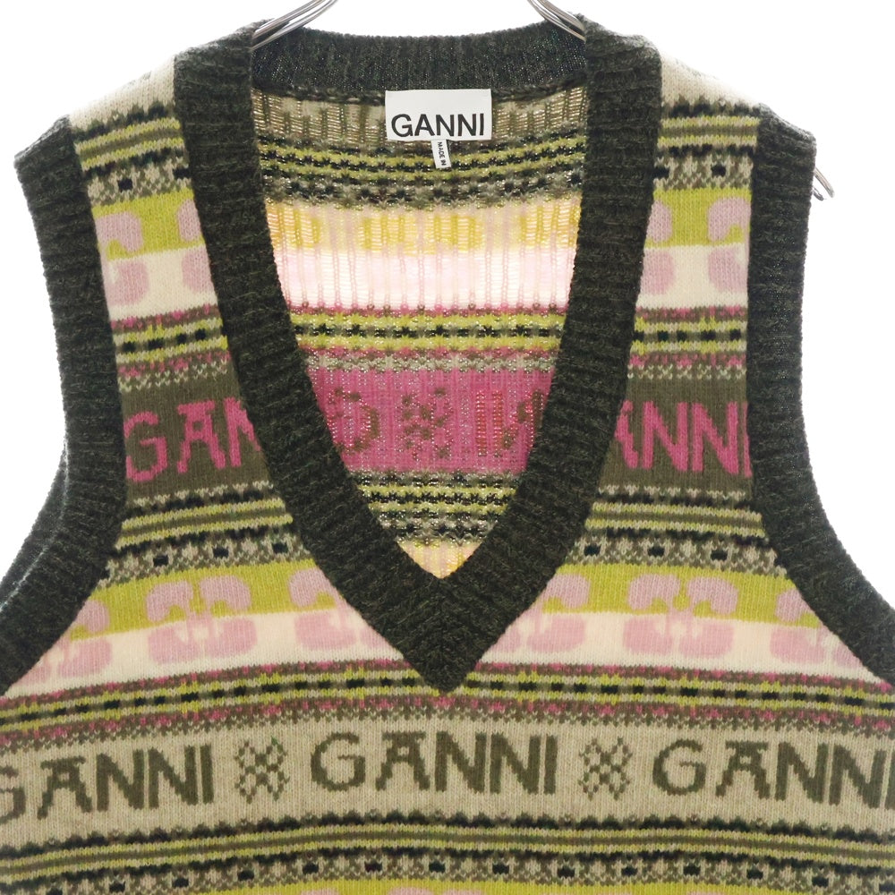 GANNI(ガニー) Logo Wool Mix Vest ロゴプリントウール混Vネックニットベスト マルチ レディース