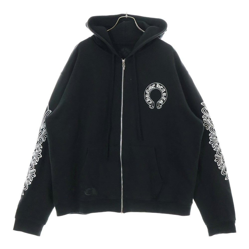 CHROME HEARTS(クロムハーツ) HORSESHOE ZIP UP HOODIE ホースシュー アームフローラル プリント ジップアップ スウェットパーカー ブラック