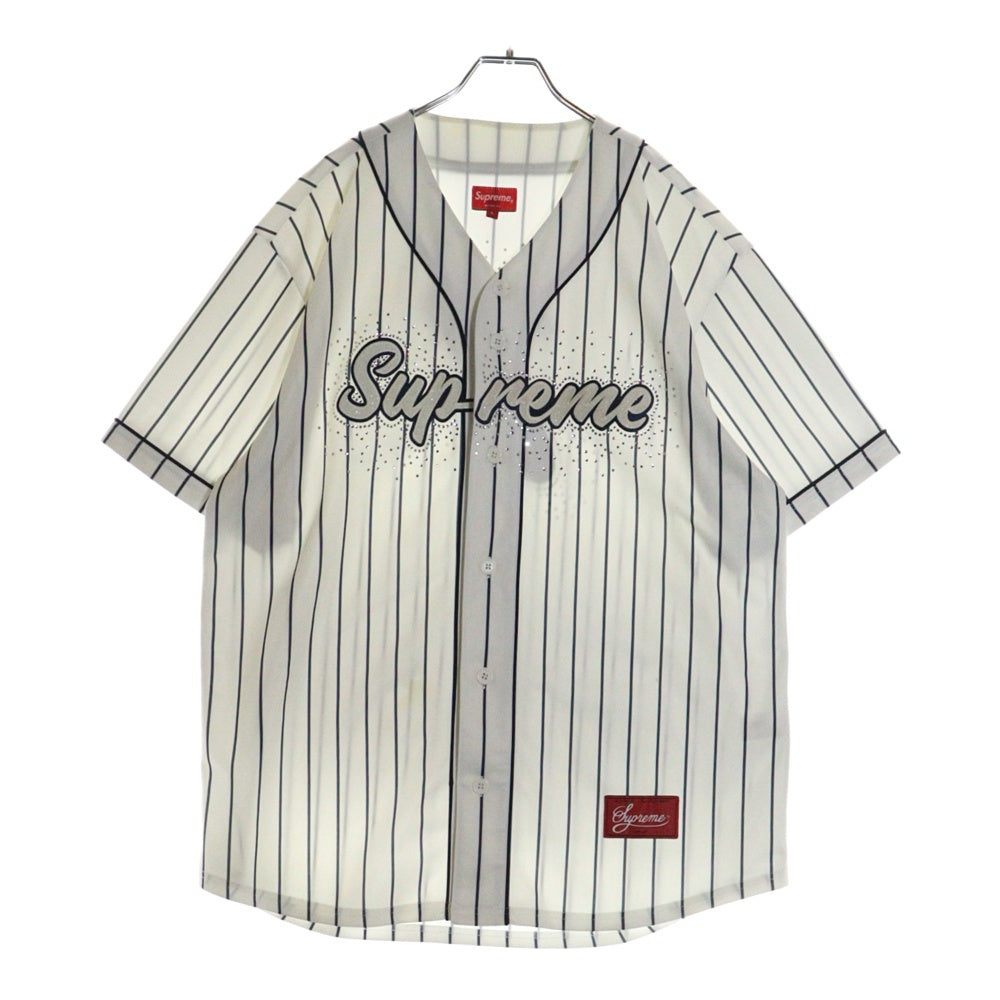 SUPREME(シュプリーム) 20SS Rhinestone Baseball Jersey ラインストーンロゴベースボール半袖シャツ ホワイト