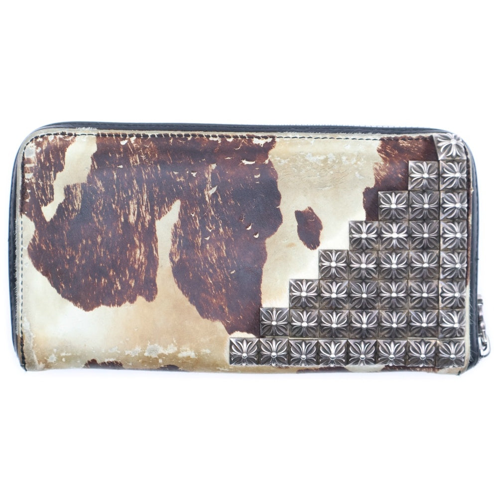 CHROME HEARTS(クロムハーツ) REC F ZIP ゼロピラミッドスタッズコーナー ラウンドジップ ハラコ レザーロングウォレット 財布 ブラウン/ホワイト