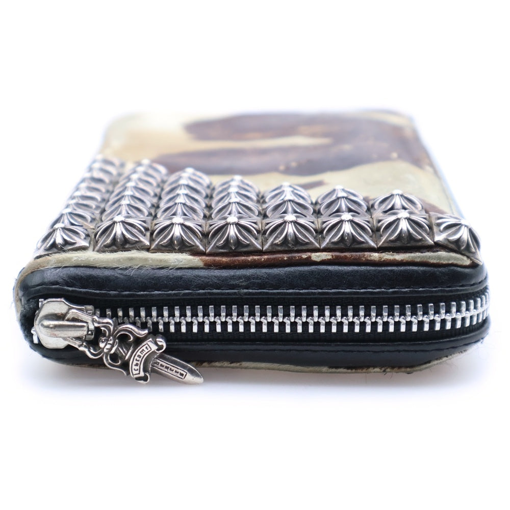 CHROME HEARTS(クロムハーツ) REC F ZIP ゼロピラミッドスタッズコーナー ラウンドジップ ハラコ レザーロングウォレット 財布 ブラウン/ホワイト