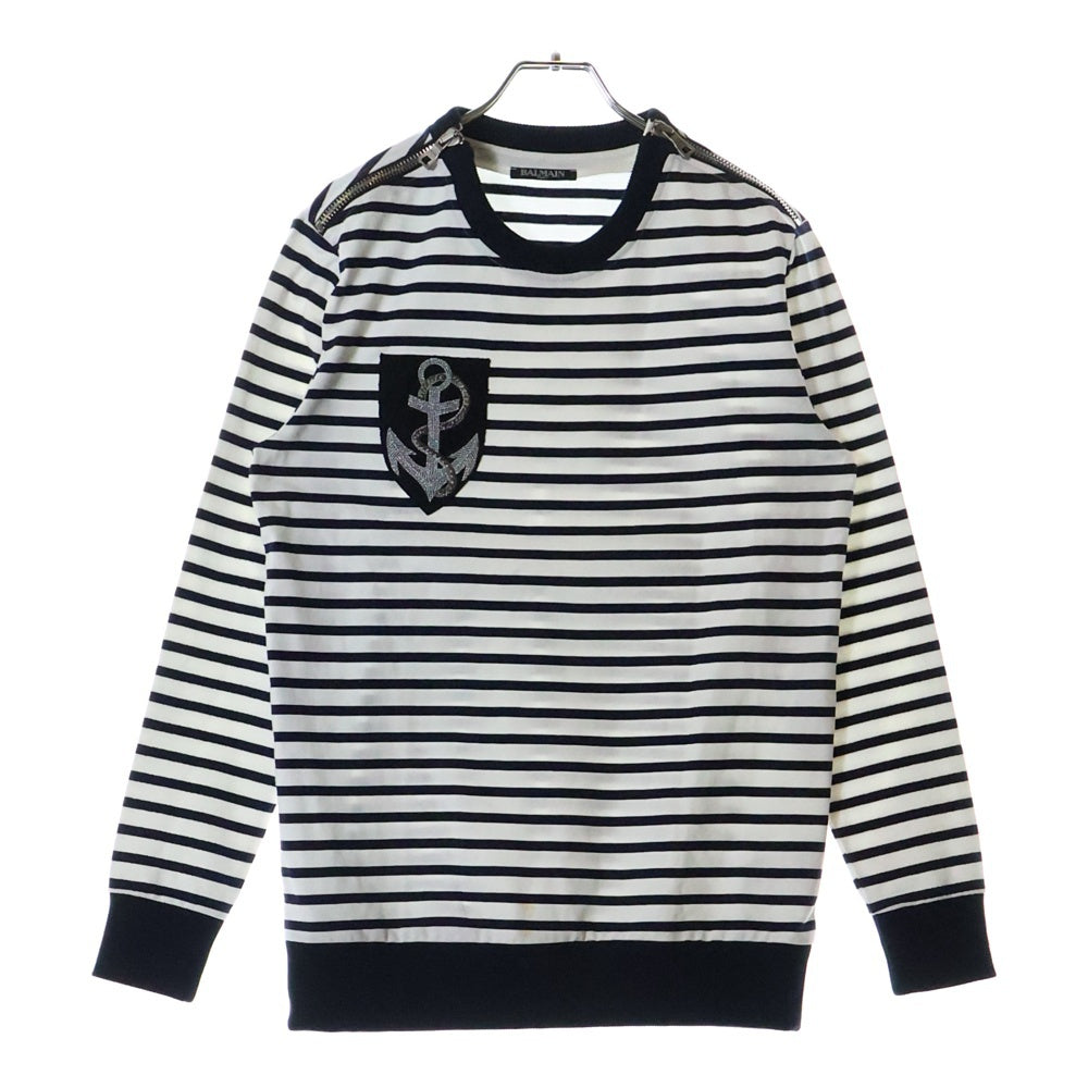 BALMAIN(バルマン) フロントパッチ付 ショルダージップデザイン ボーダー 長袖カットソー トレーナー ホワイト/ネイビー S8H6252J41B