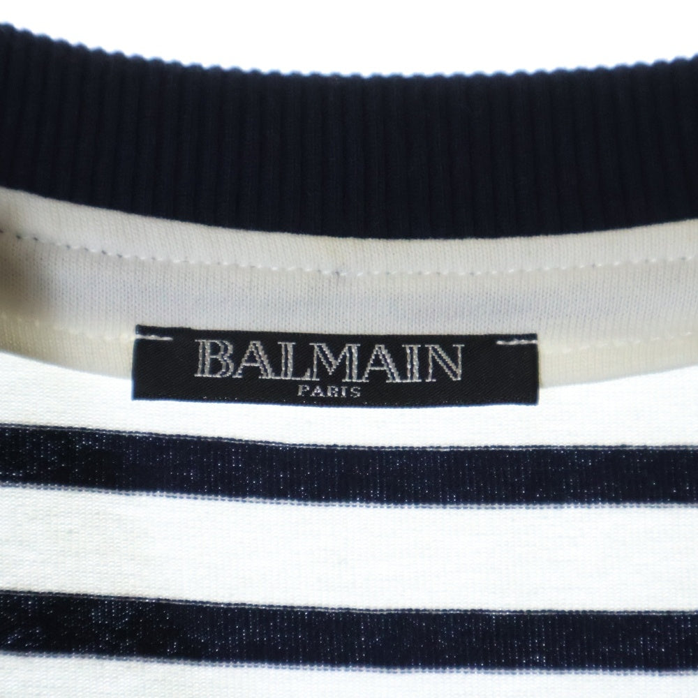 BALMAIN(バルマン) フロントパッチ付 ショルダージップデザイン ボーダー 長袖カットソー トレーナー ホワイト/ネイビー S8H6252J41B