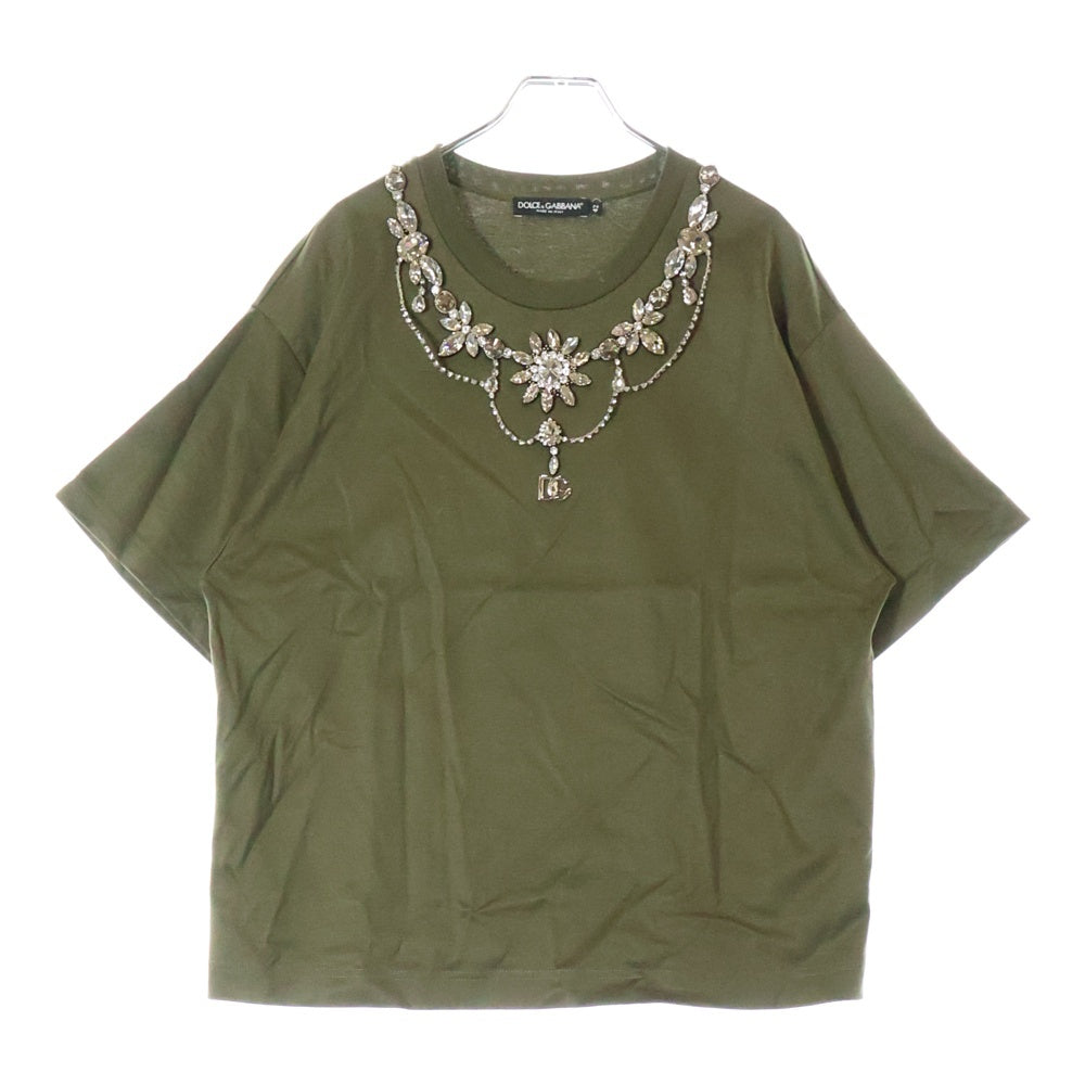 DOLCE & GABBANA(ドルチェアンドガッバーナ) ラインストーン付き クルーネック半袖Tシャツ カーキ 42