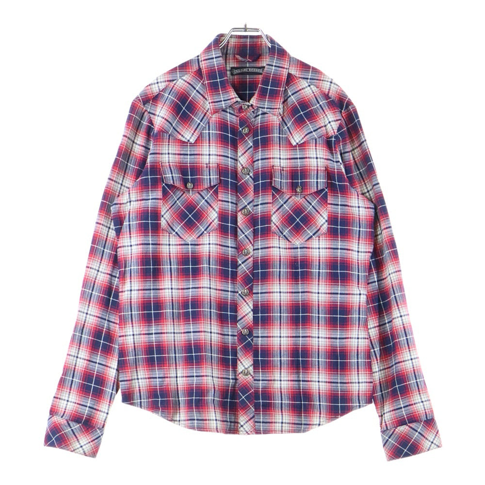 CHROME HEARTS(クロムハーツ) WESTN ウエスタン 袖クロスパッチレザー 切替BSフレアボタンチェック長袖シャツ レッド
