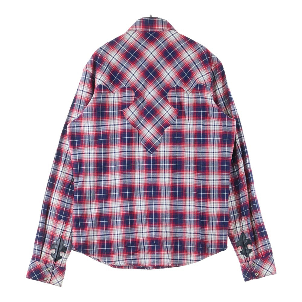 CHROME HEARTS(クロムハーツ) WESTN ウエスタン 袖クロスパッチレザー 切替BSフレアボタンチェック長袖シャツ レッド