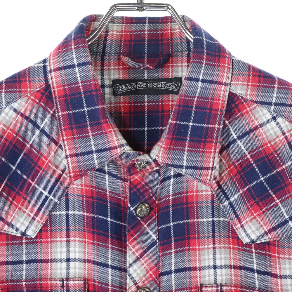CHROME HEARTS(クロムハーツ) WESTN ウエスタン 袖クロスパッチレザー 切替BSフレアボタンチェック長袖シャツ レッド