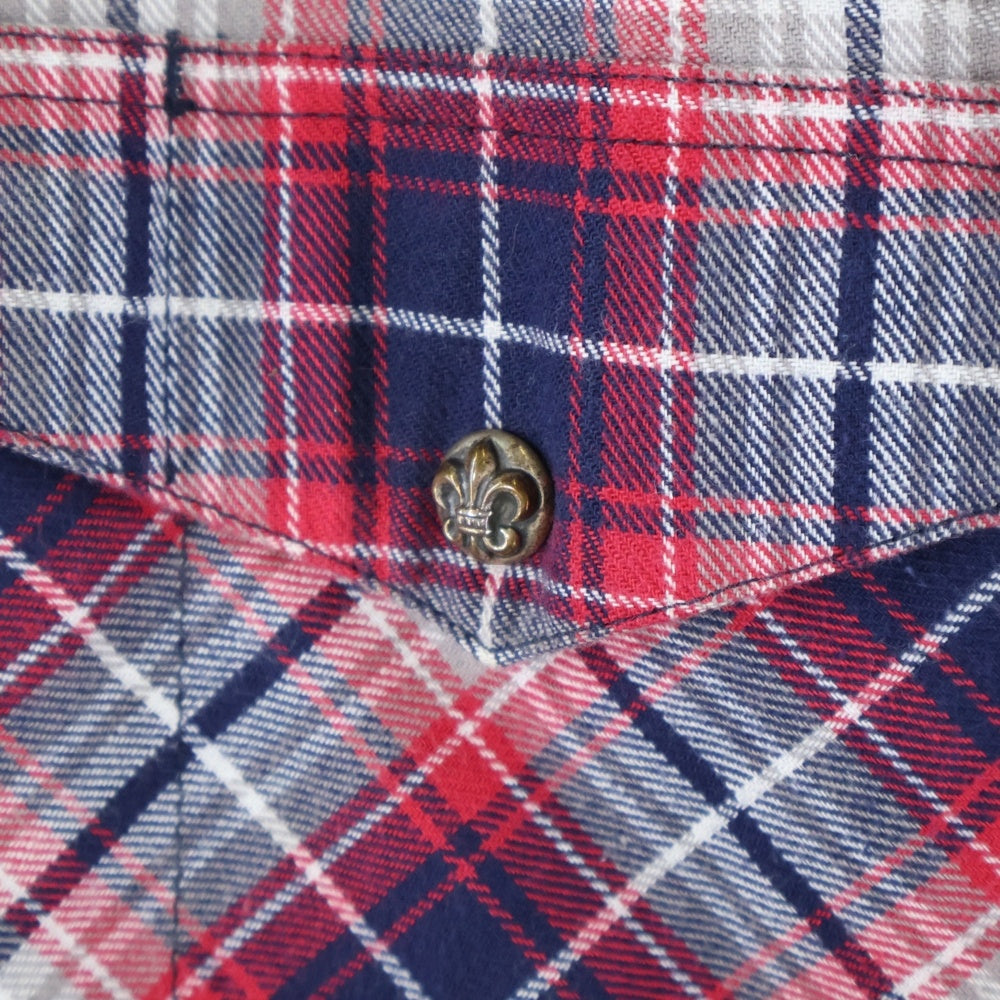 CHROME HEARTS(クロムハーツ) WESTN ウエスタン 袖クロスパッチレザー 切替BSフレアボタンチェック長袖シャツ レッド