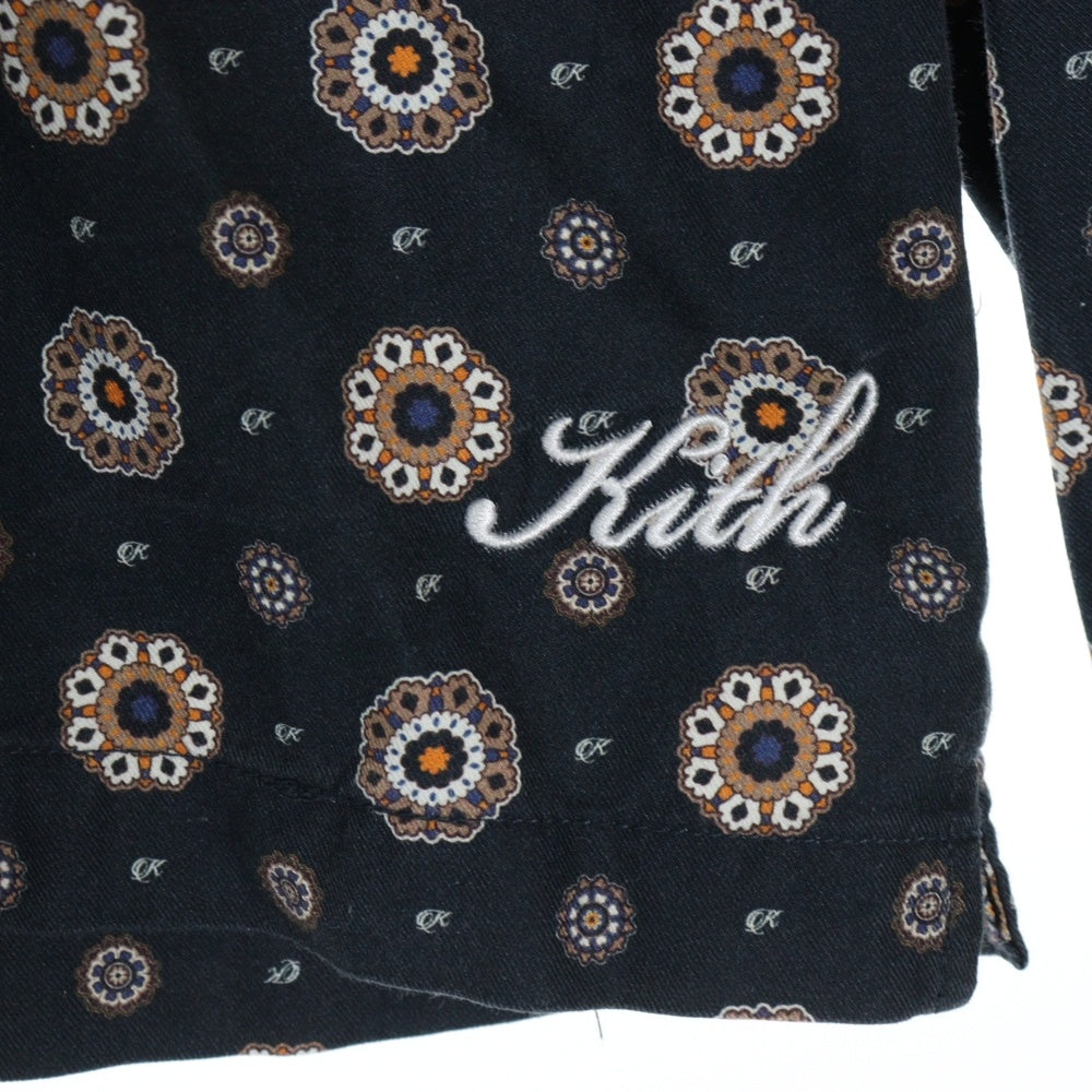 KITH(キス) 22SS Thompson Silk Long Sleeve Shirt メダリオン ロゴ刺繍総柄長袖シルクシャツ ネイビー KHM030435